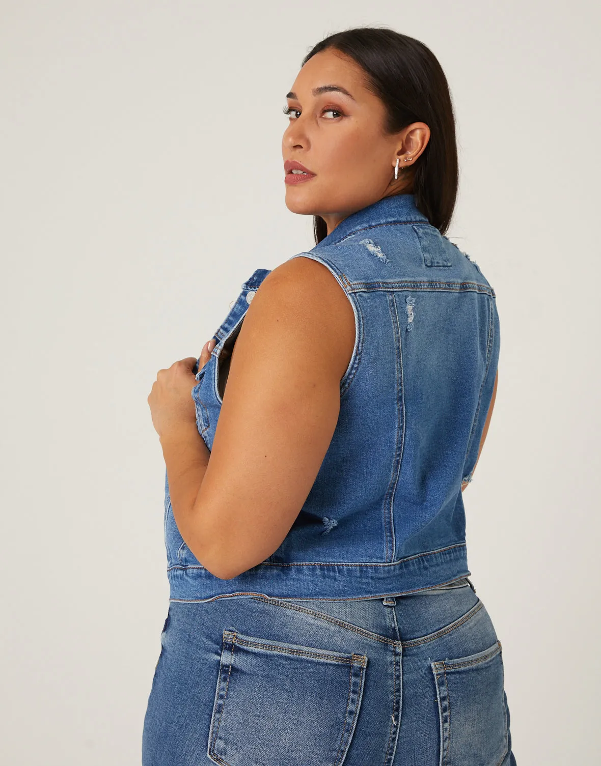 Plus Size Distressed Denim Vest