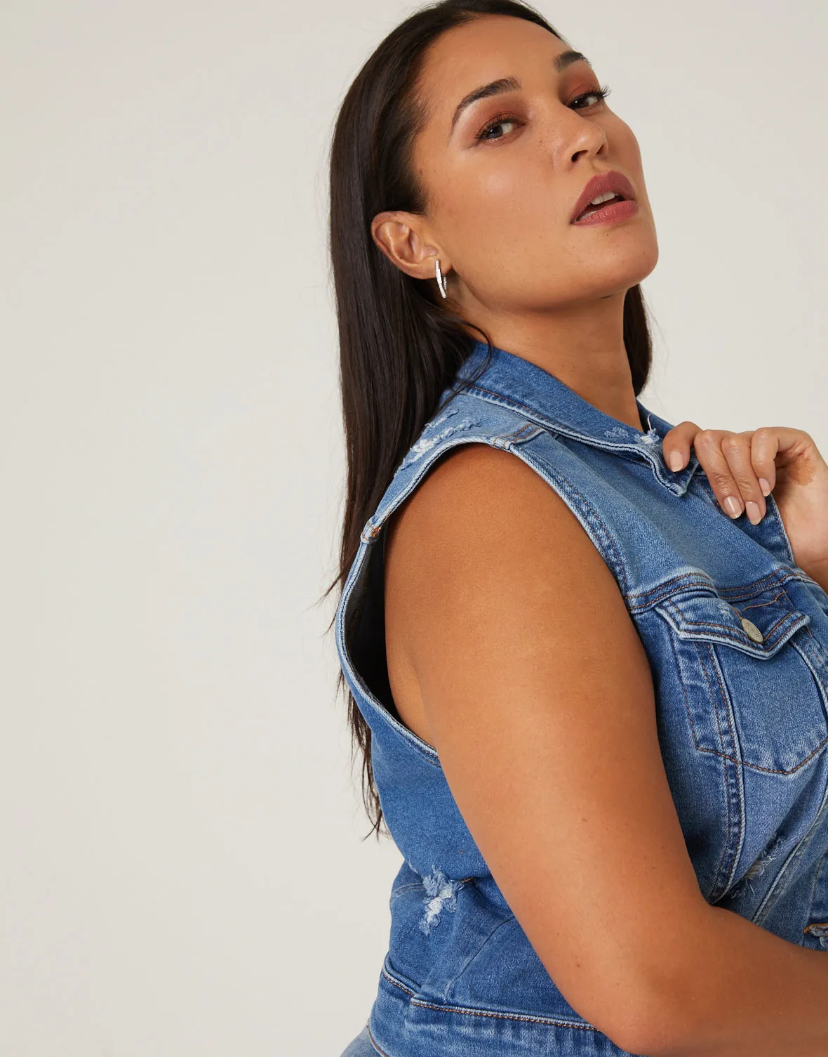 Plus Size Distressed Denim Vest