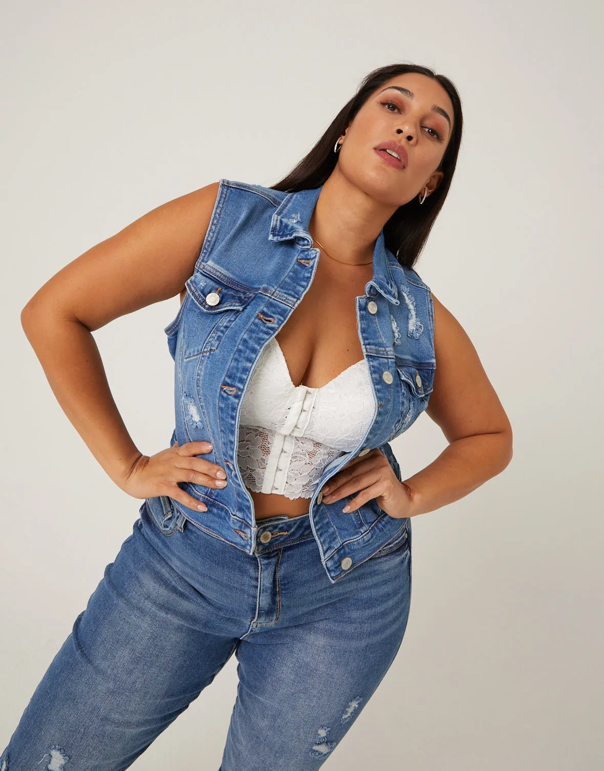 Plus Size Distressed Denim Vest