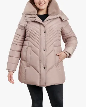 PLUS SIZE ZIP-FRONT HOODED PUFFER JACKET WITH BUTTON-OFF FUR COLLAR