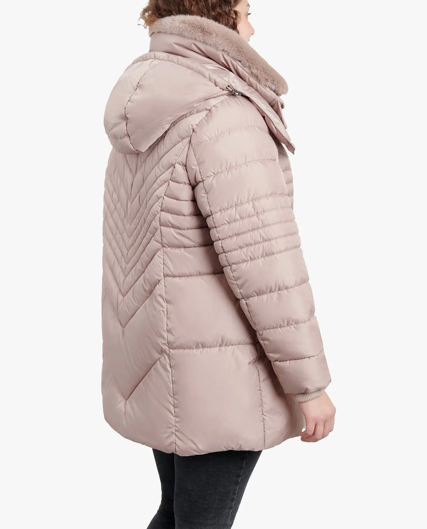 PLUS SIZE ZIP-FRONT HOODED PUFFER JACKET WITH BUTTON-OFF FUR COLLAR