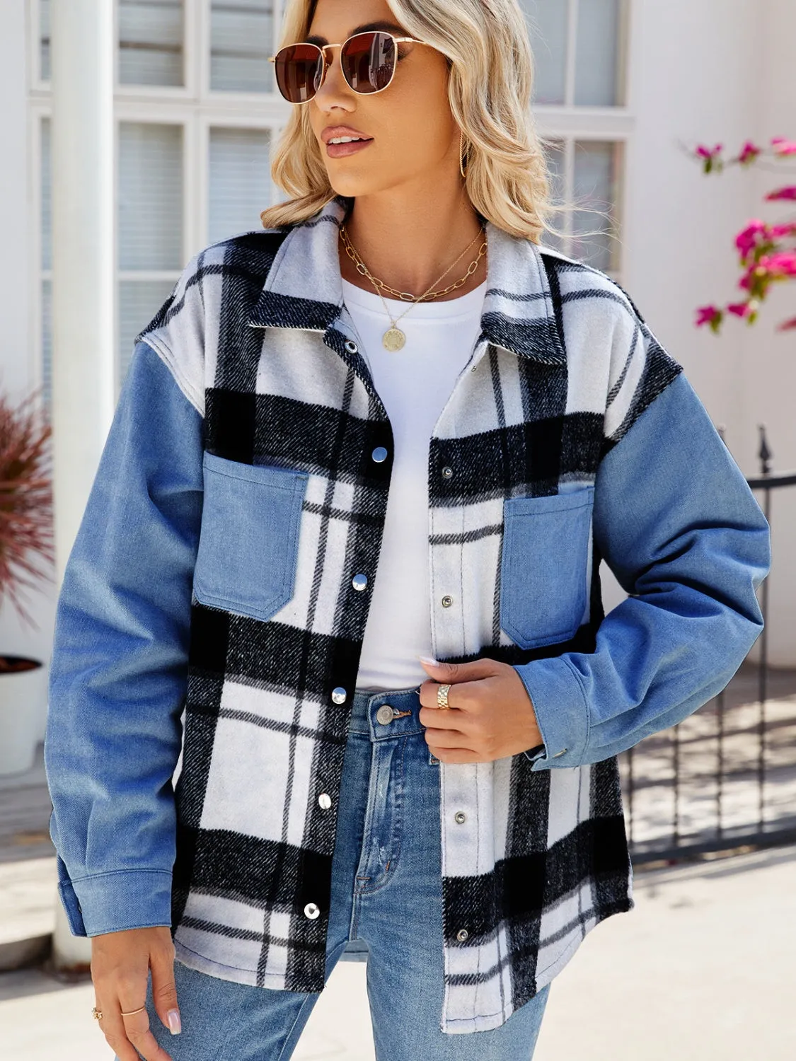 Pocketed Plaid Snap Down Denim Jacket