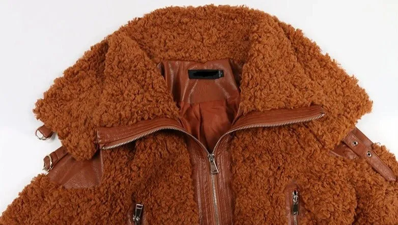 PU Leather Patchwork Faux Fur Fluffy Jacket