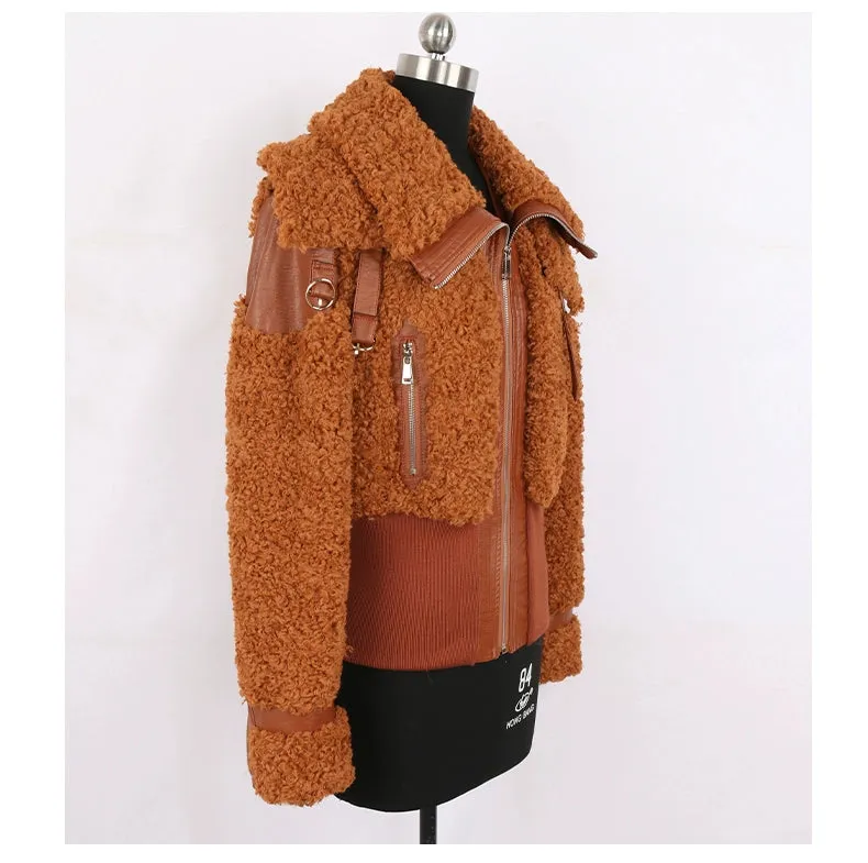 PU Leather Patchwork Faux Fur Fluffy Jacket