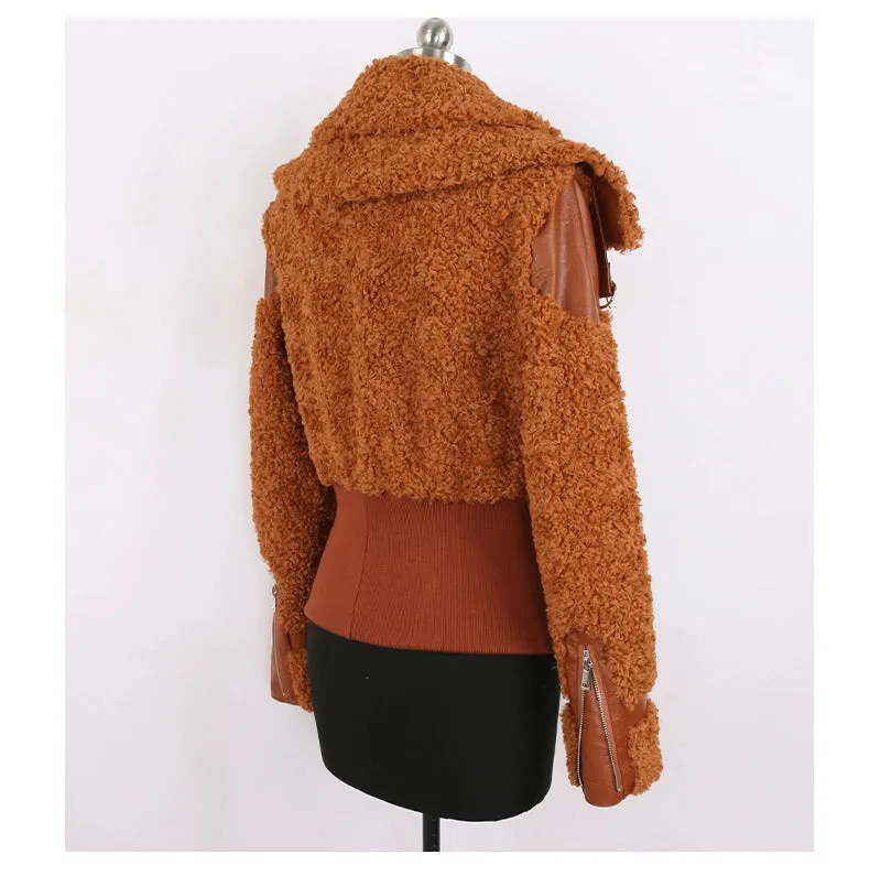 PU Leather Patchwork Faux Fur Fluffy Jacket