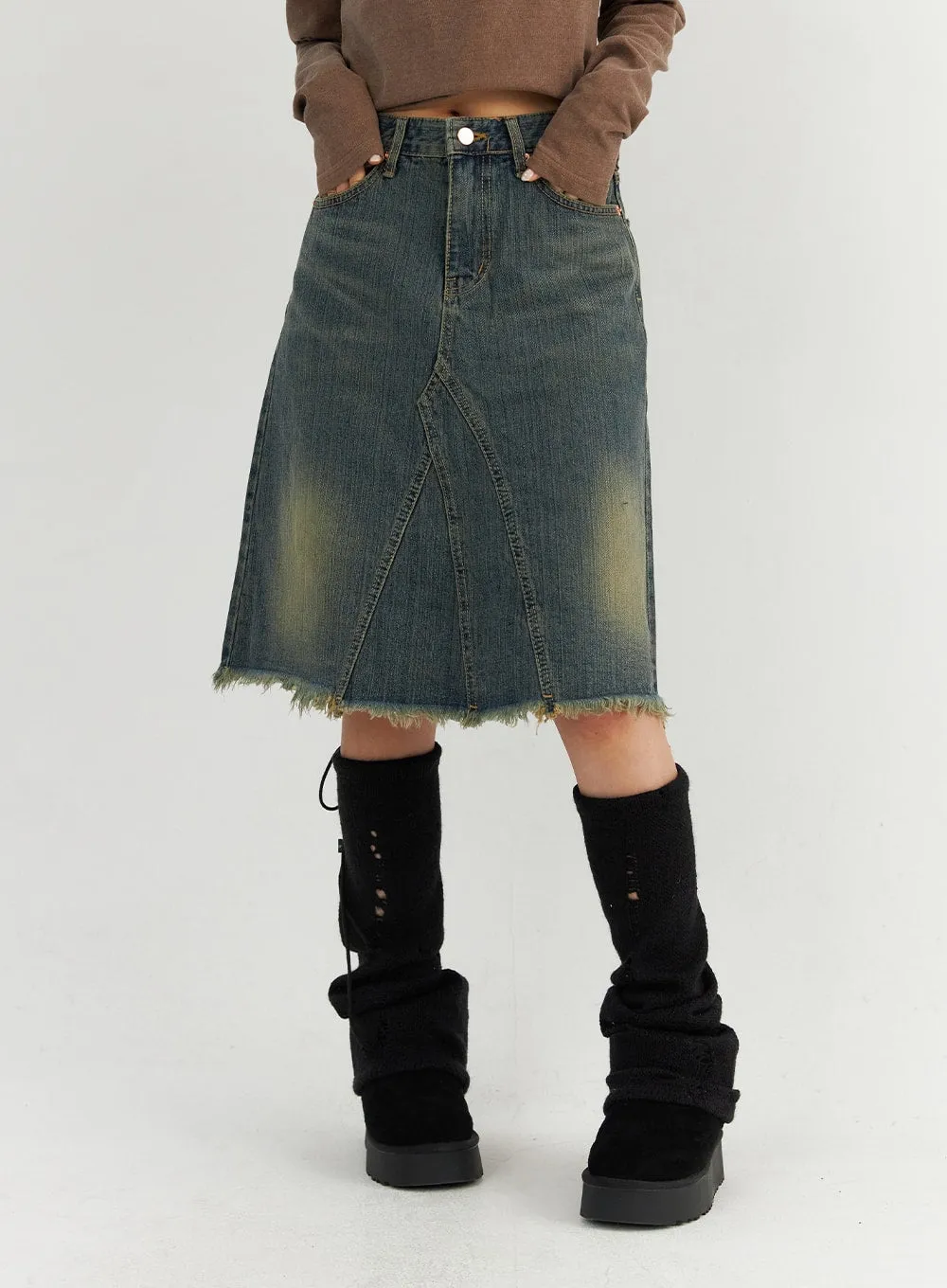 Raw Hem Midi Denim Skirt CO319