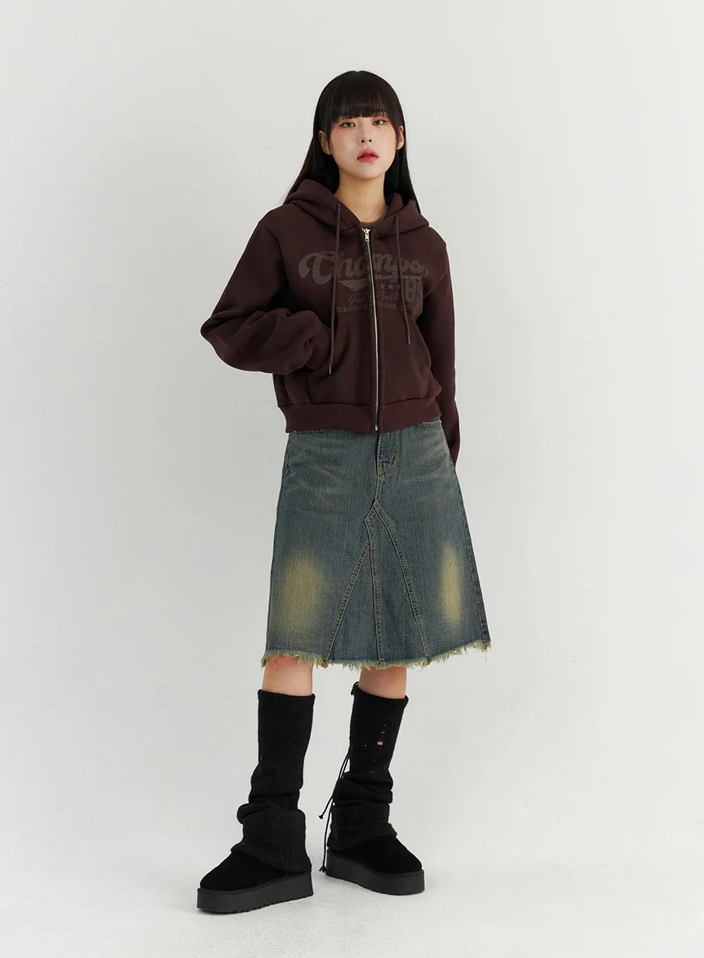 Raw Hem Midi Denim Skirt CO319