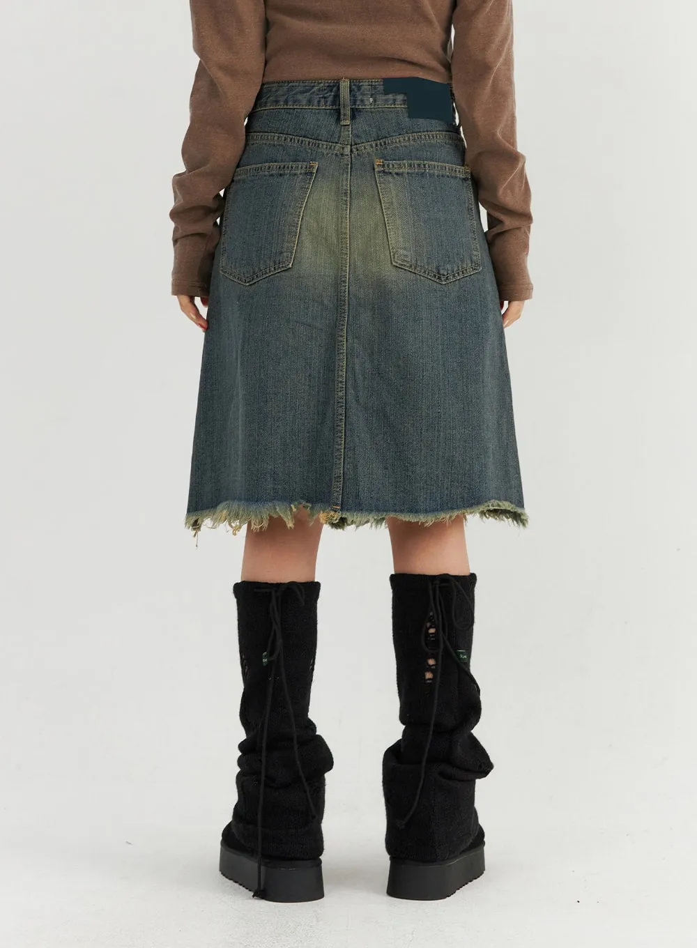 Raw Hem Midi Denim Skirt CO319