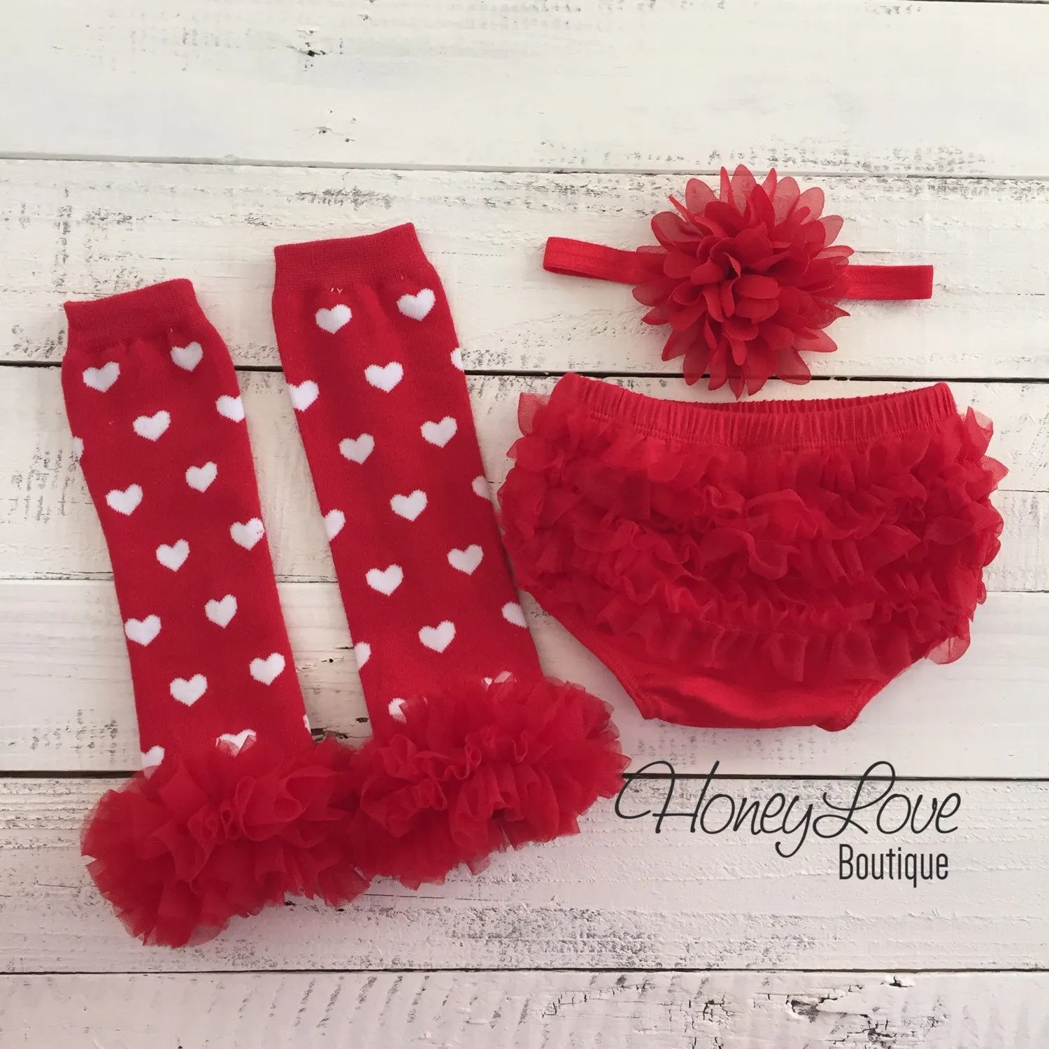 Red/White Heart leg warmers, red flower headband, red ruffle bottom bloomers