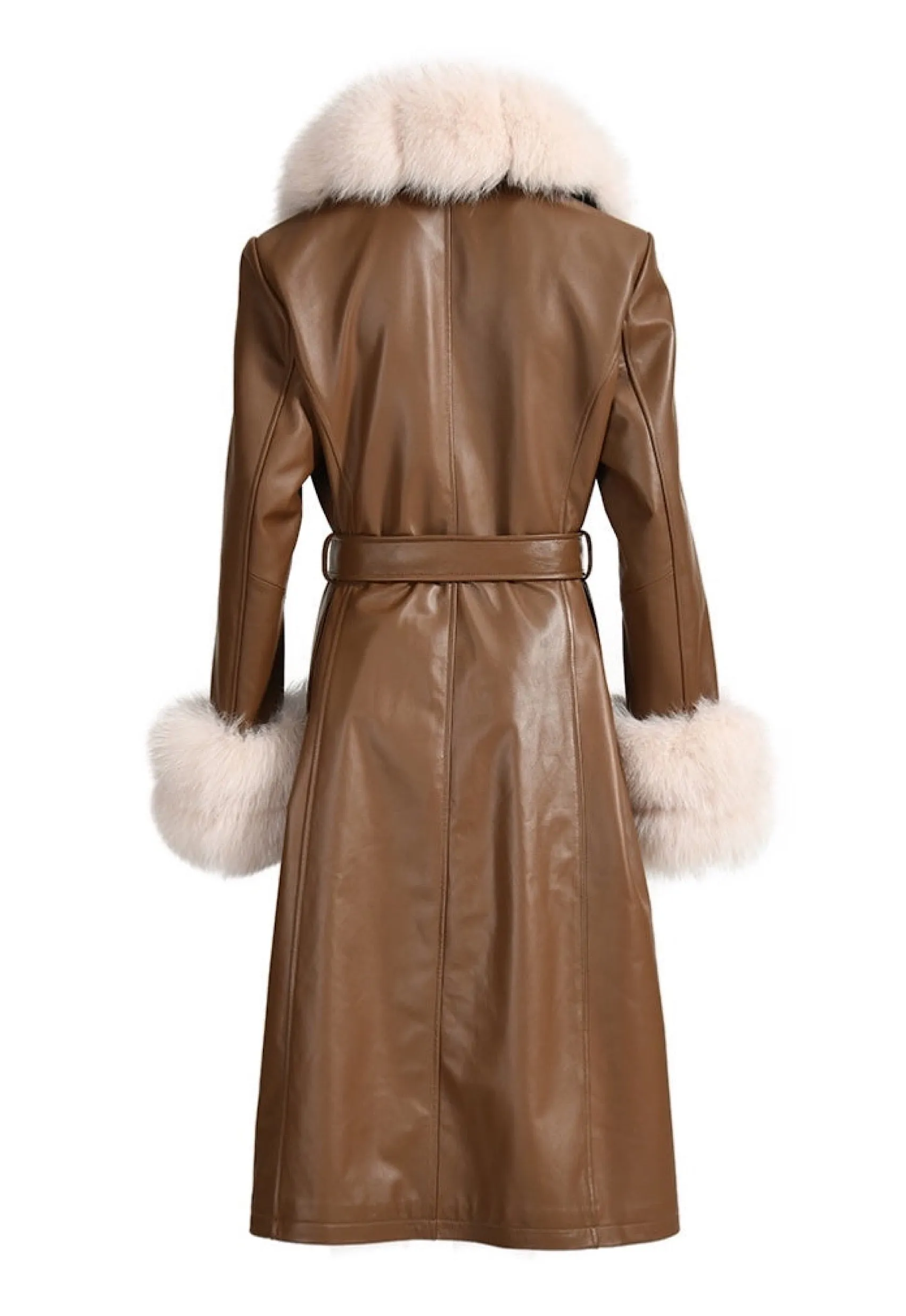 REEVA Brown Leather Trench Coat with Beige Fur