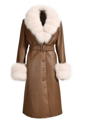 REEVA Brown Leather Trench Coat with Beige Fur