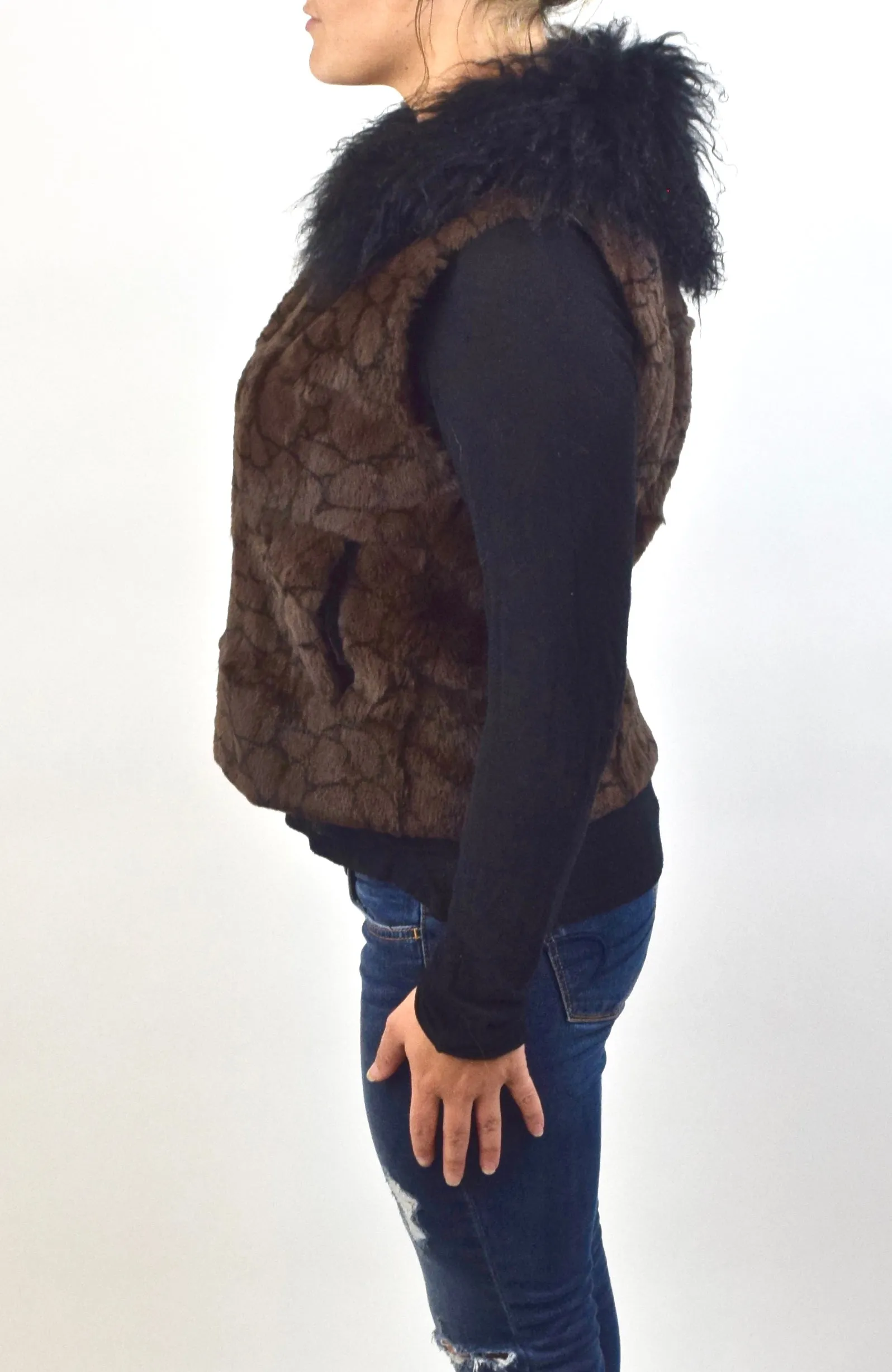 Rex Rabbit and Mongolian Lamb fur Vest (Dyed, Sheared)