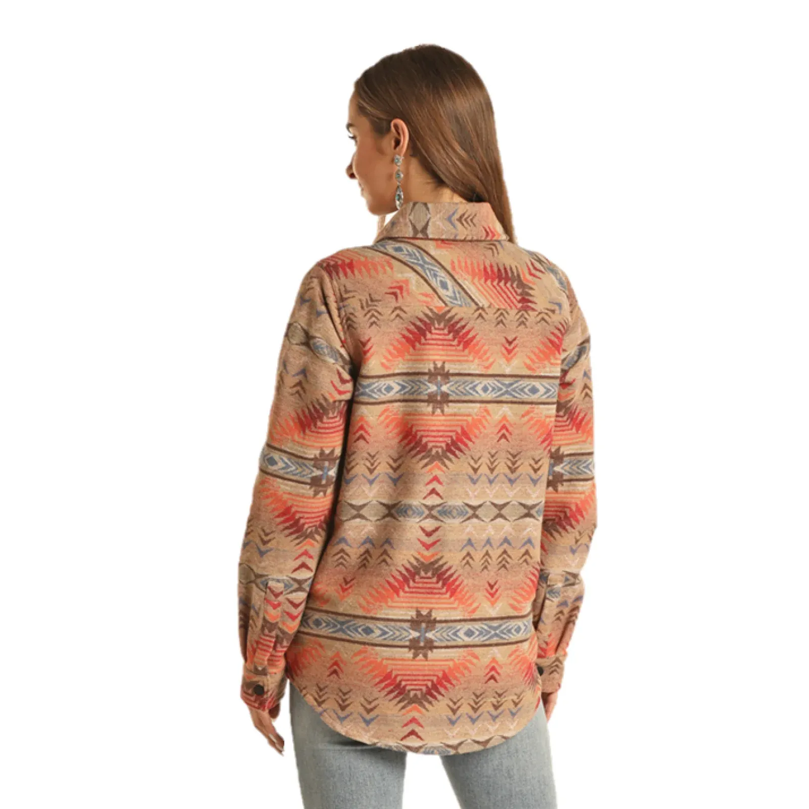 Rock & Roll Denim Ladies Aztec Print Dusty Tan Long Shacket