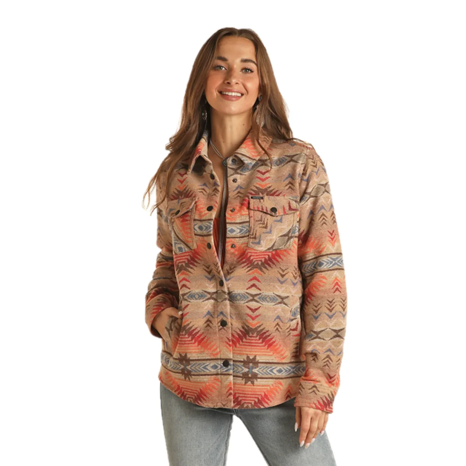 Rock & Roll Denim Ladies Aztec Print Dusty Tan Long Shacket