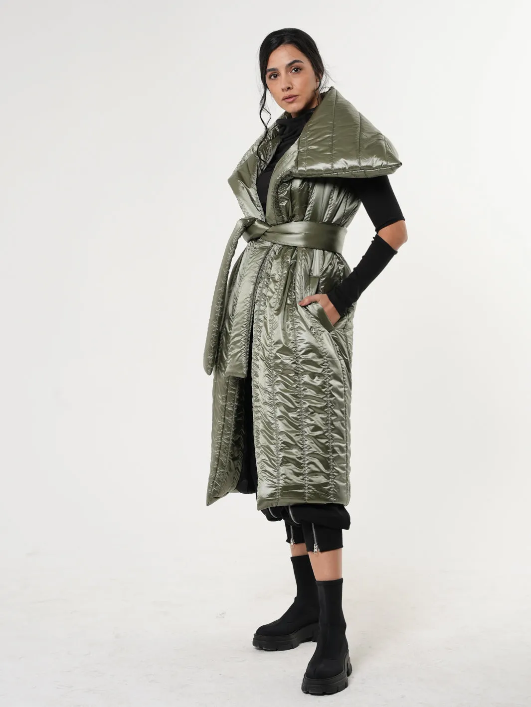 Shiny Green Long Puffer Vest