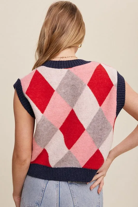 Sleeveless Argyle Cropped Sweater Vest