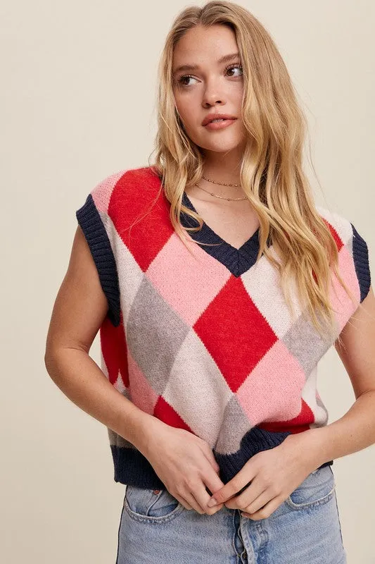 Sleeveless Argyle Cropped Sweater Vest