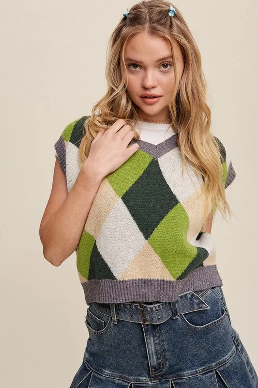 Sleeveless Argyle Cropped Sweater Vest