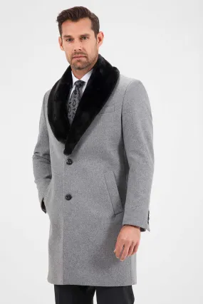 Slim Fit Cachet Notch Lapel Wool Blend Beige Overcoat, Gray