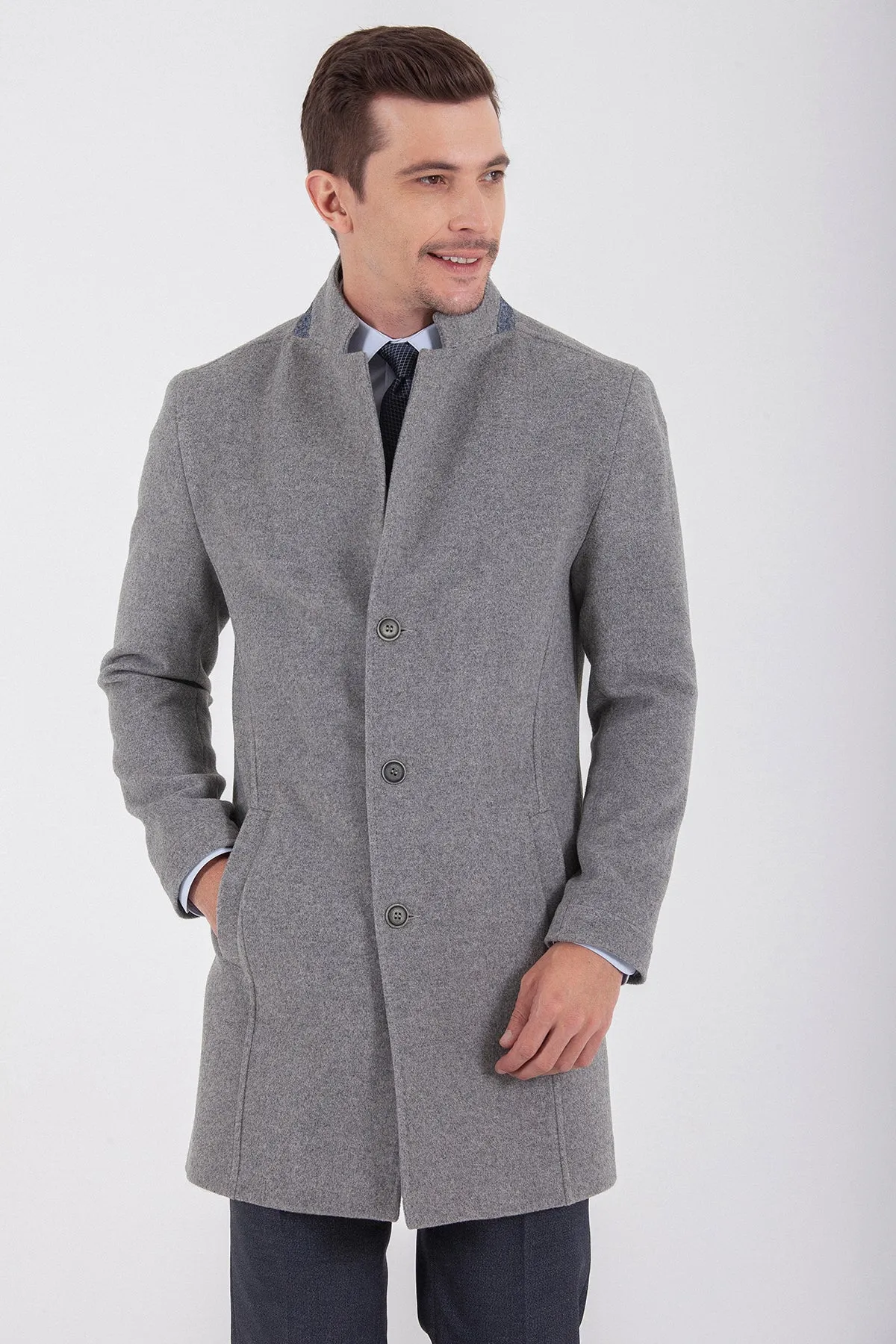 Slim Fit Cachet Notch Lapel Wool Blend Navy Overcoat, Gray