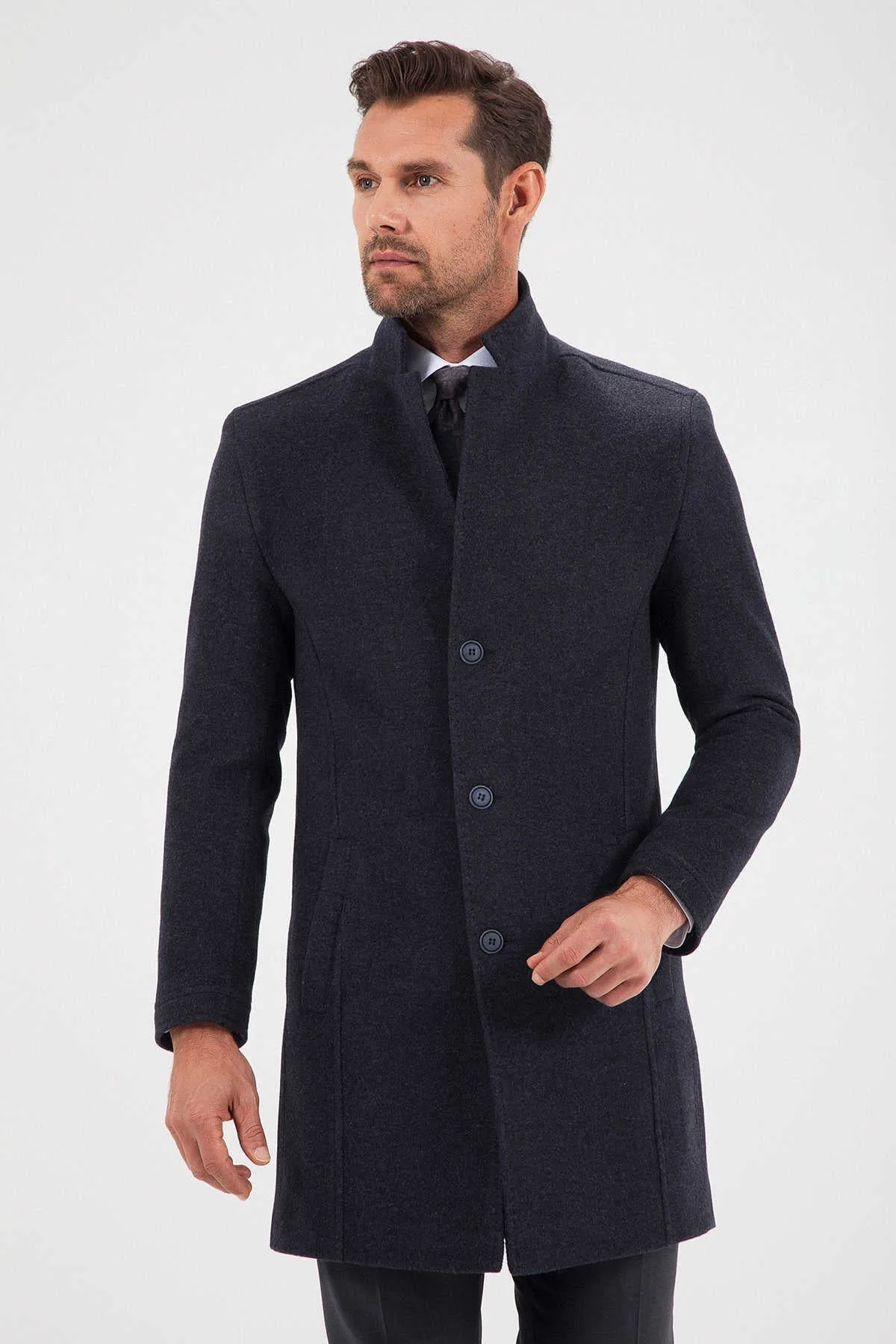 Slim Fit Cachet Notch Lapel Wool Blend Navy Overcoat, Navy