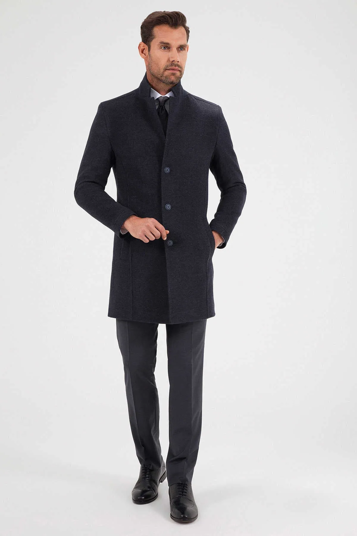 Slim Fit Cachet Notch Lapel Wool Blend Navy Overcoat, Navy