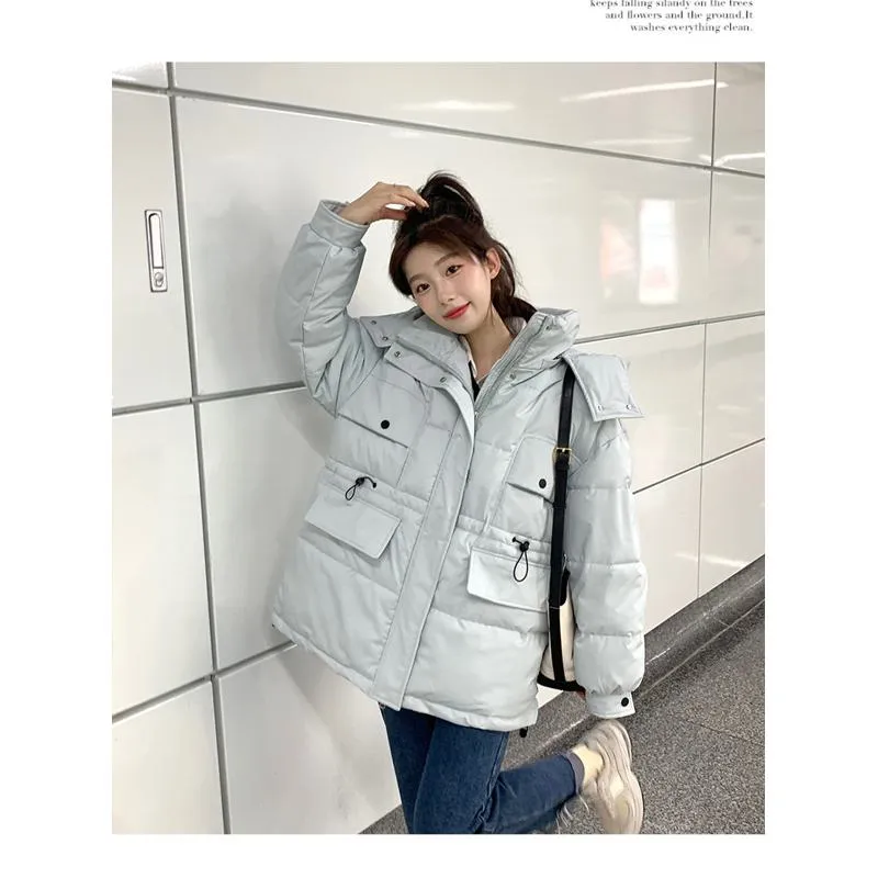 Slimming Chic Drawstring Cinched Waist Solid Color Puffer Jacket