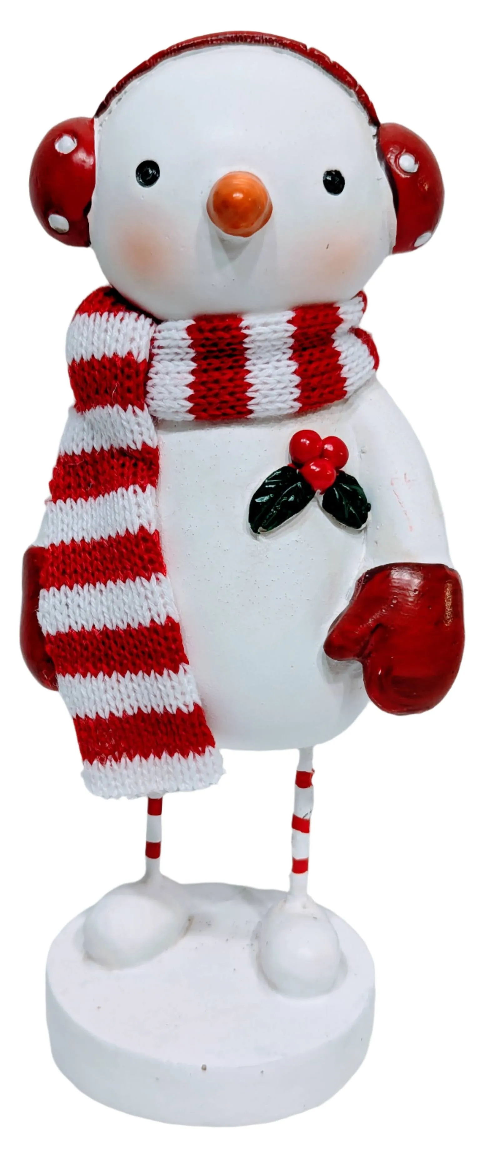 Snowman Figurine Wearing Red/White Scarf & Red Ear Muffs