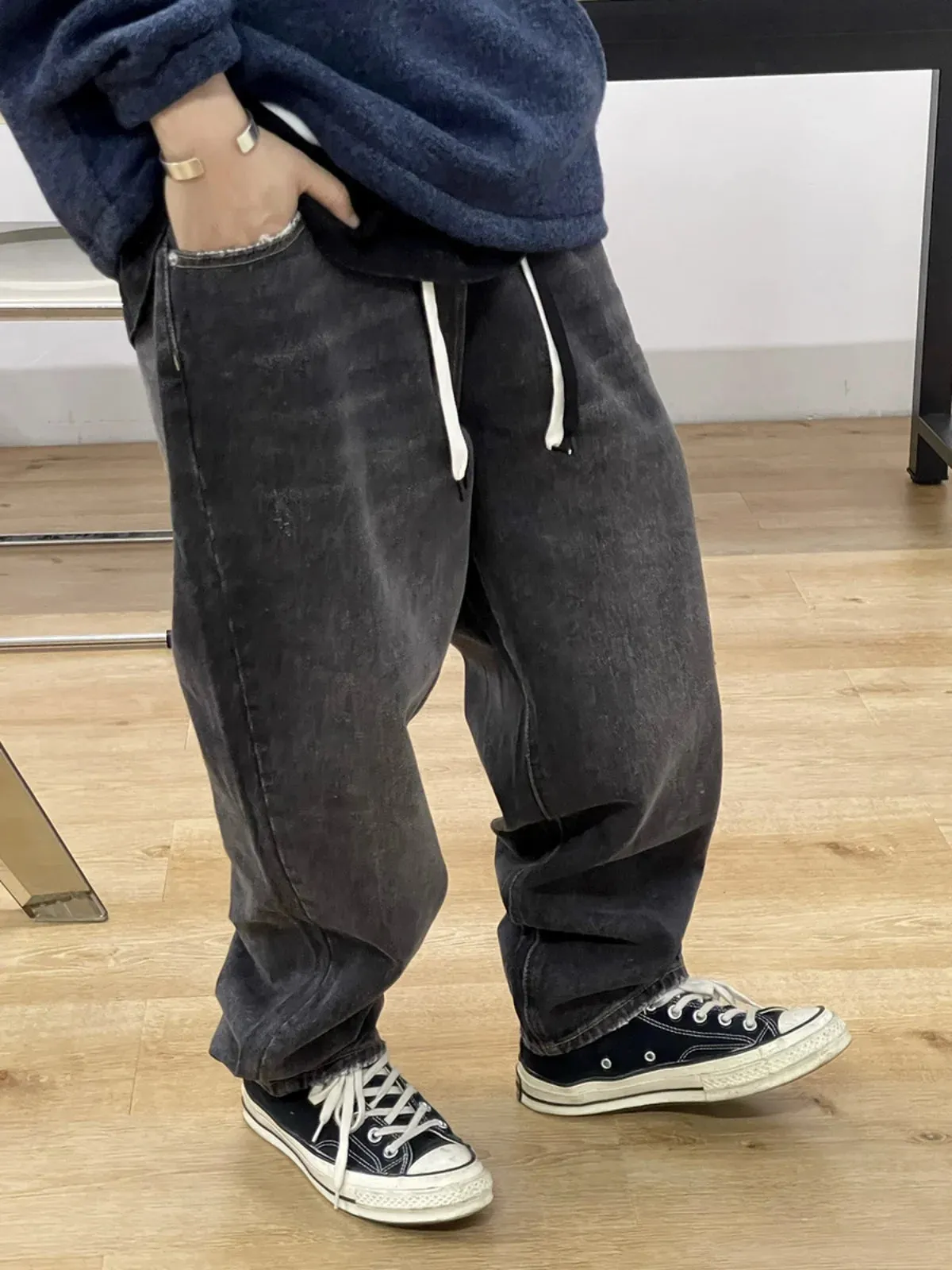 Streetwear Baggy Jeans Korean Denim Cargo Pants Casual Black Trousers