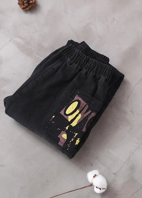 Style thick pants elastic waist black design Appliques women pants