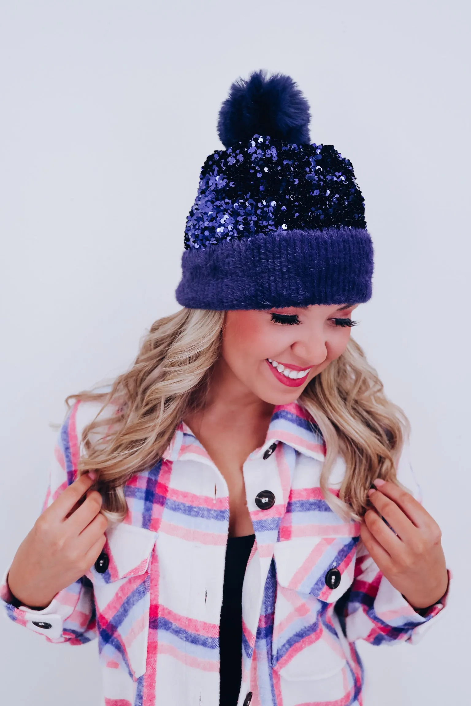 Suzie Sequin Pom Beanie - Navy