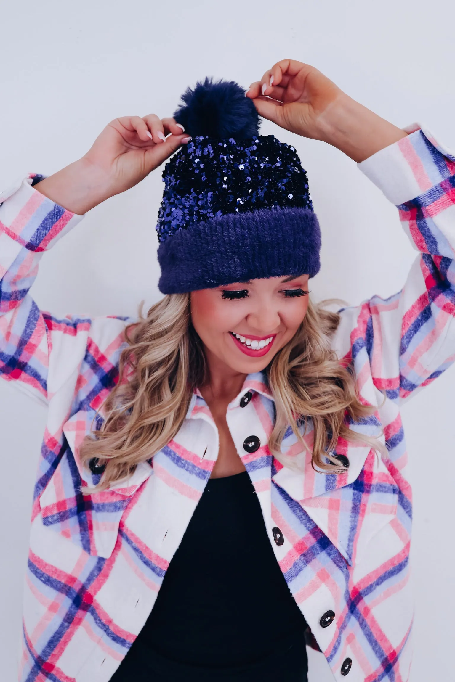 Suzie Sequin Pom Beanie - Navy