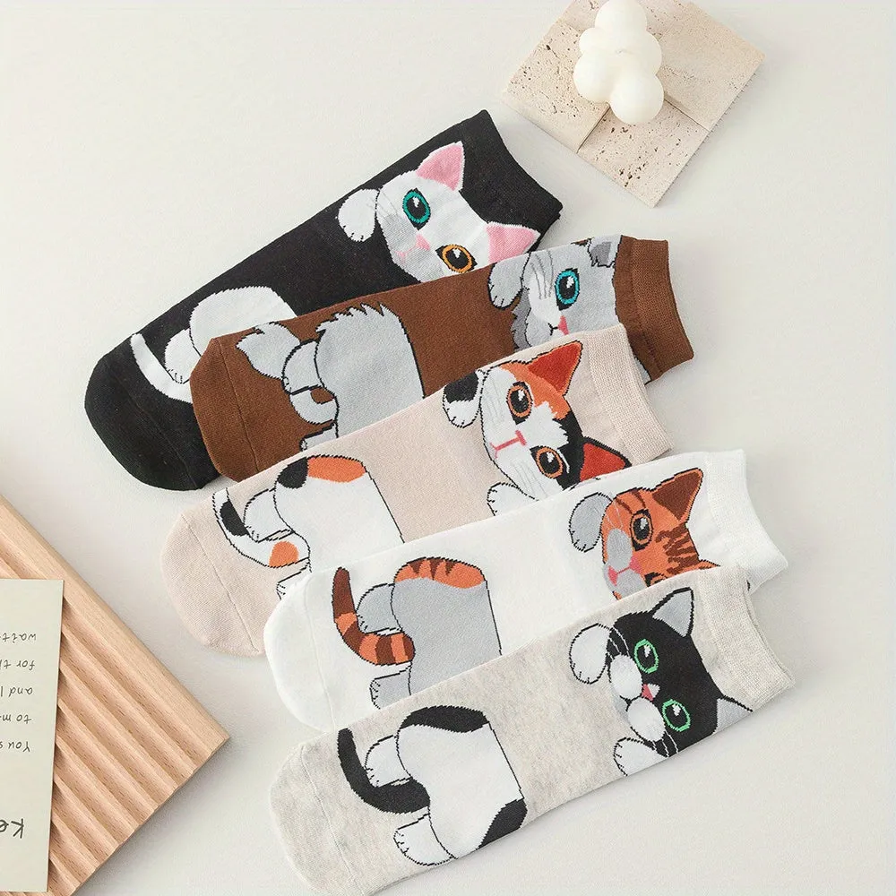 Teenagers Cute Cartoon Cat Pattern Sport Socks  5 Pairs