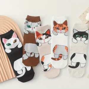 Teenagers Cute Cartoon Cat Pattern Sport Socks  5 Pairs