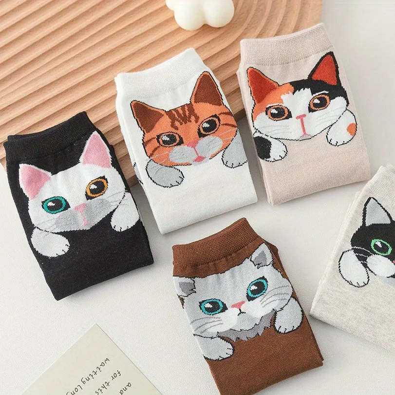 Teenagers Cute Cartoon Cat Pattern Sport Socks  5 Pairs