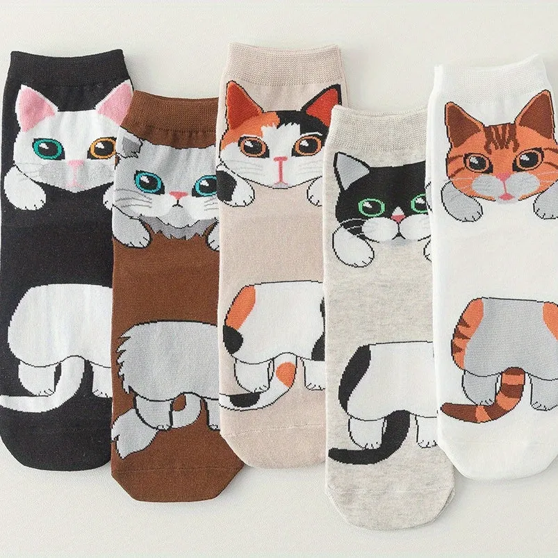 Teenagers Cute Cartoon Cat Pattern Sport Socks  5 Pairs