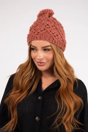 Terracotta Chunky Cable Knit Pom Pom Beanie