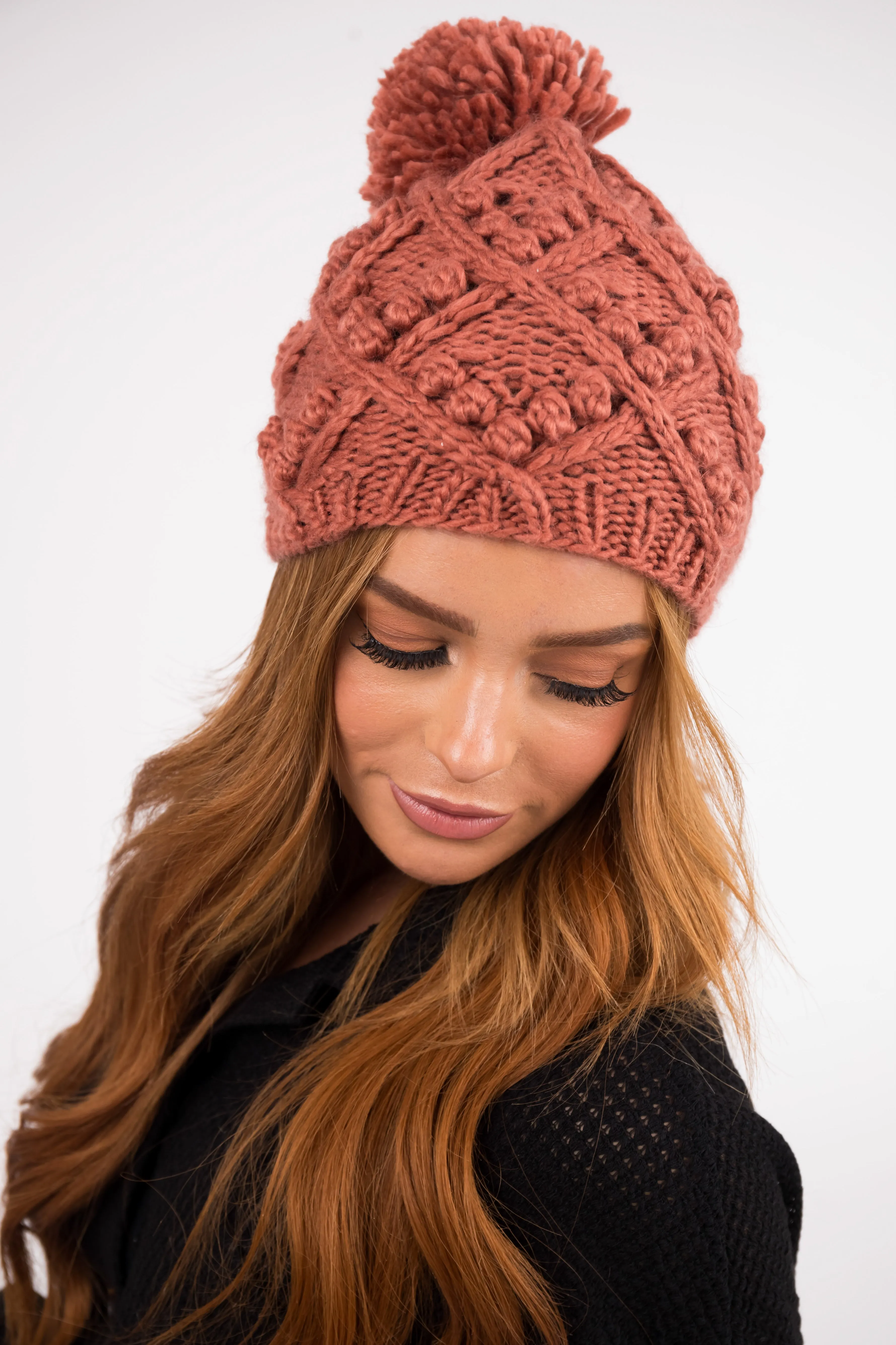 Terracotta Chunky Cable Knit Pom Pom Beanie