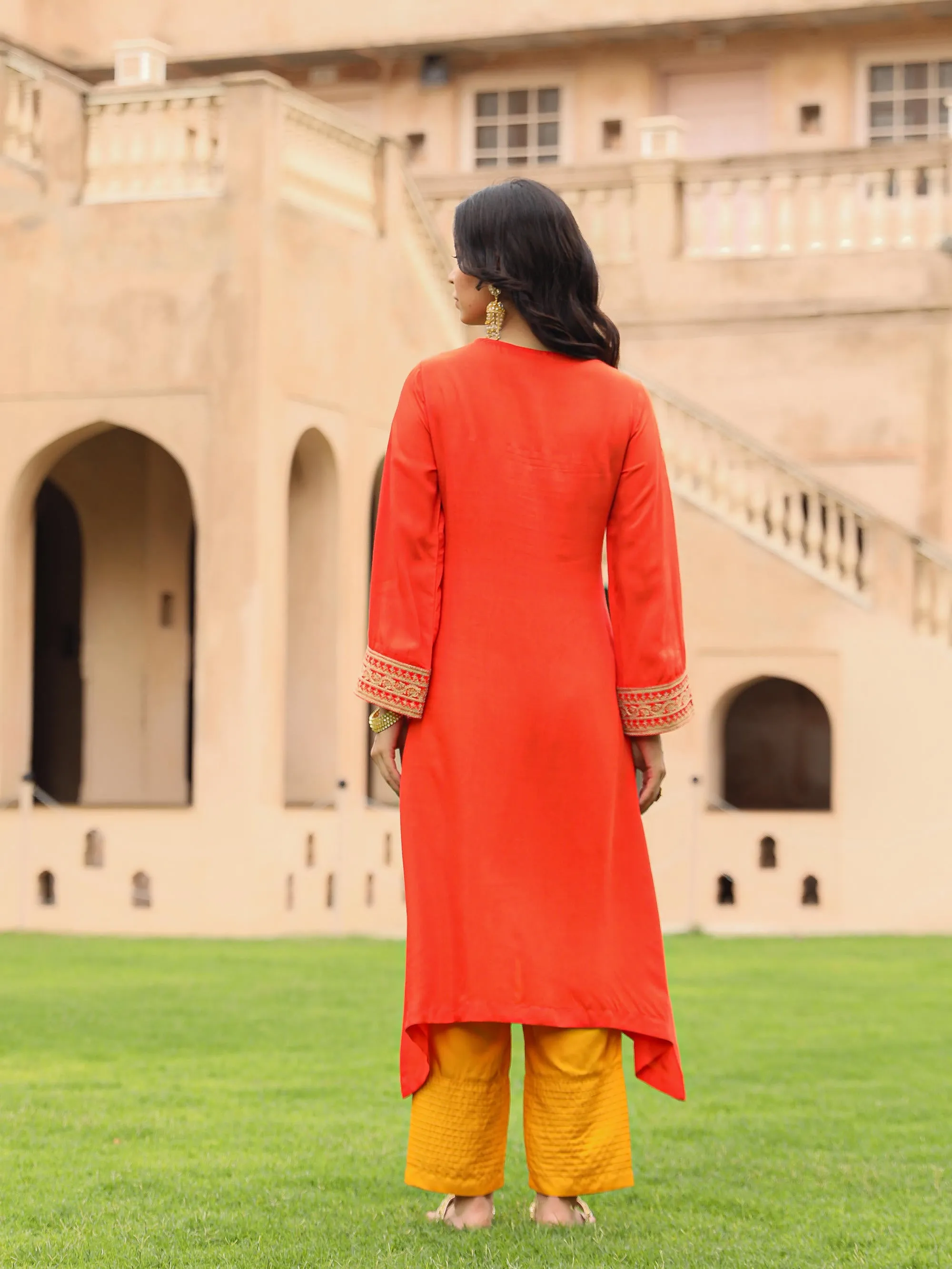 The Swarna Coral Zari Embroidered Viscose Kurta & Pant Set With Sequins