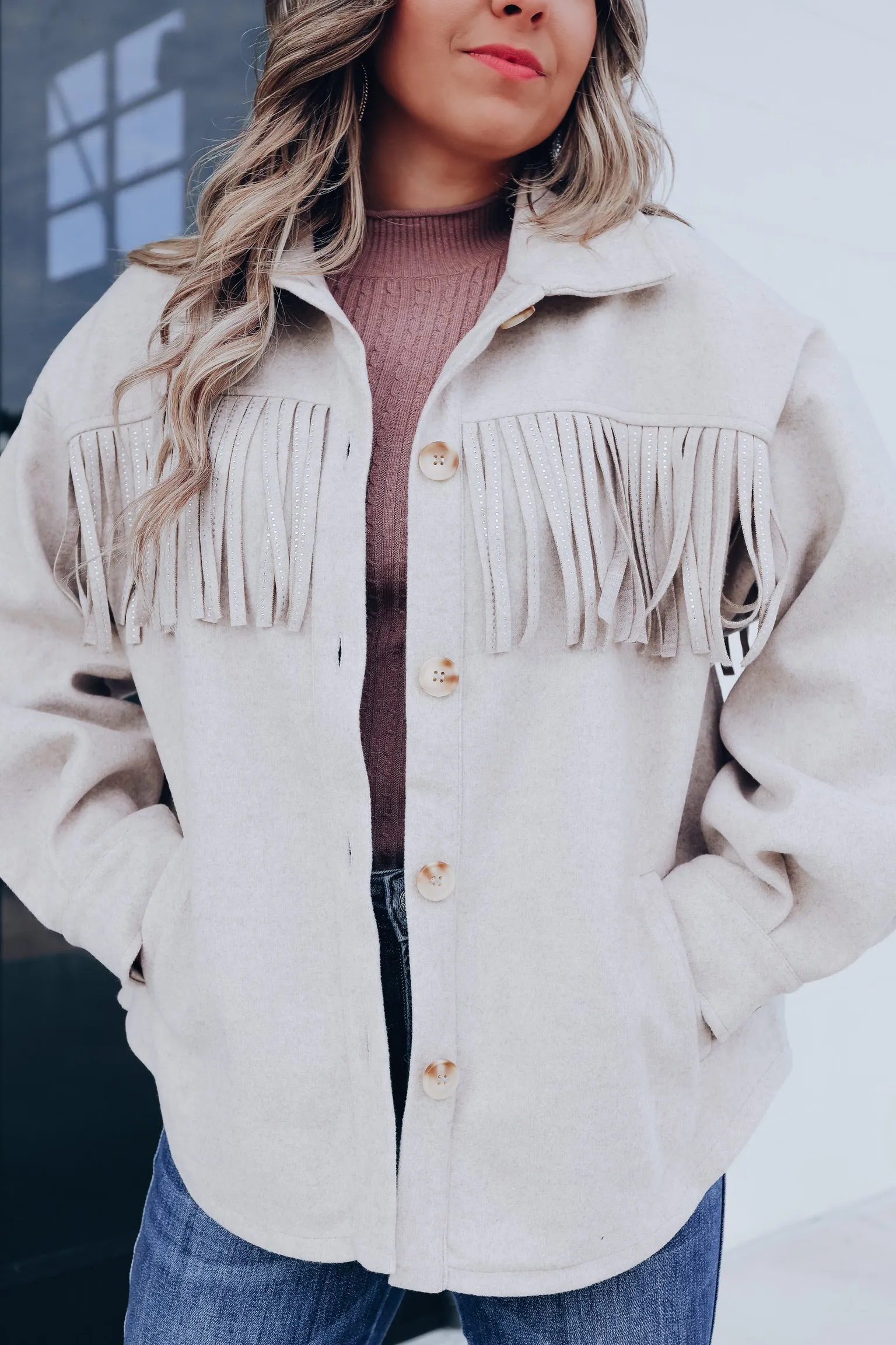 Topeka Studded Fringe Shacket - Oatmeal