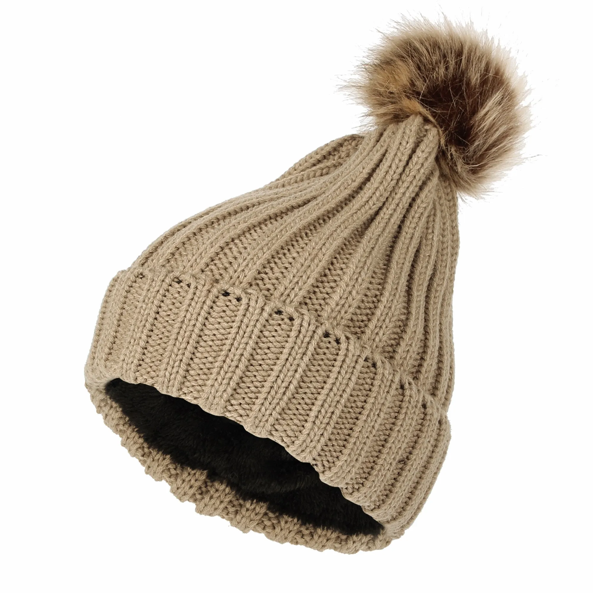 Trendy Ribbed Knitted Fur Pom Pom Beanie Hat Slouchy CR5146