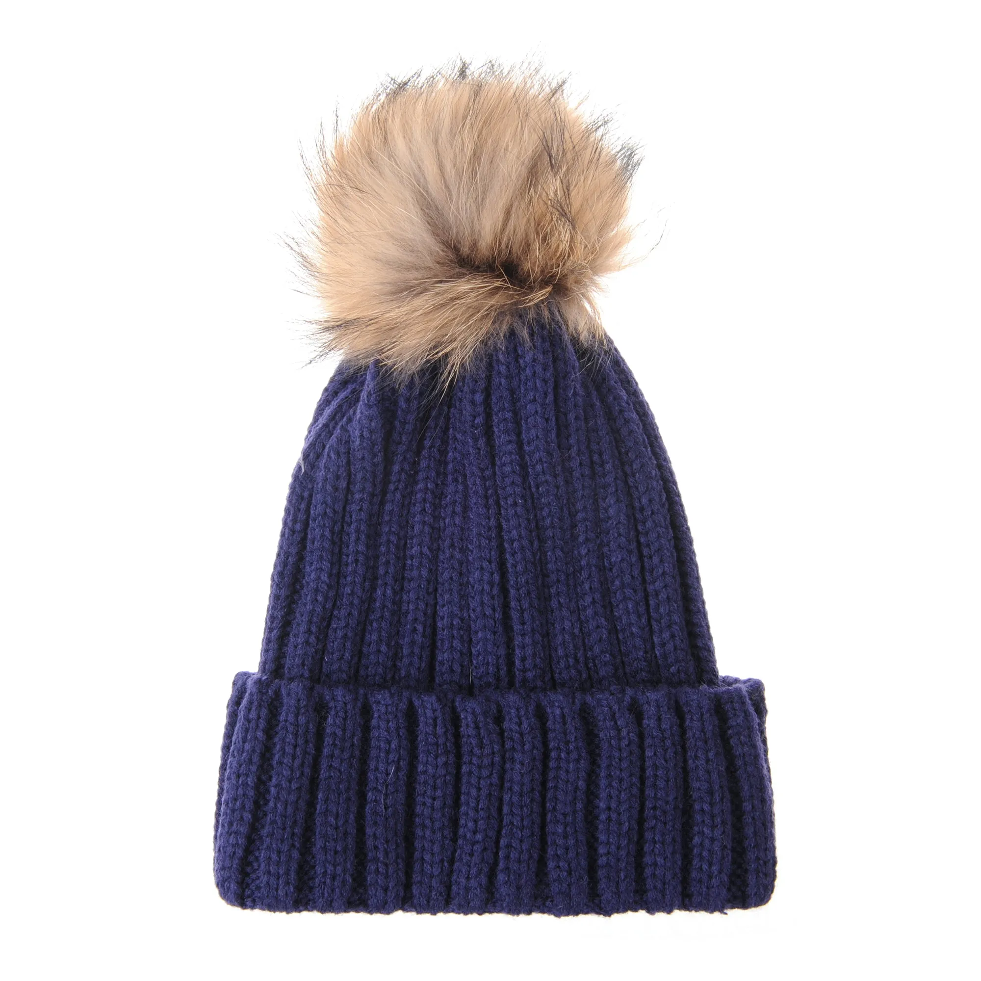 Trendy Ribbed Knitted Fur Pom Pom Beanie Hat Slouchy CR5146