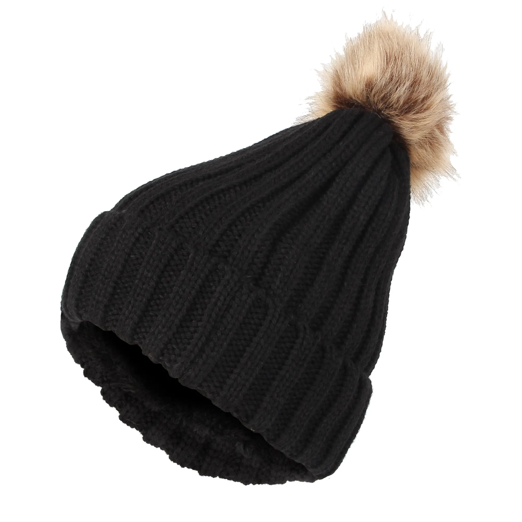 Trendy Ribbed Knitted Fur Pom Pom Beanie Hat Slouchy CR5146