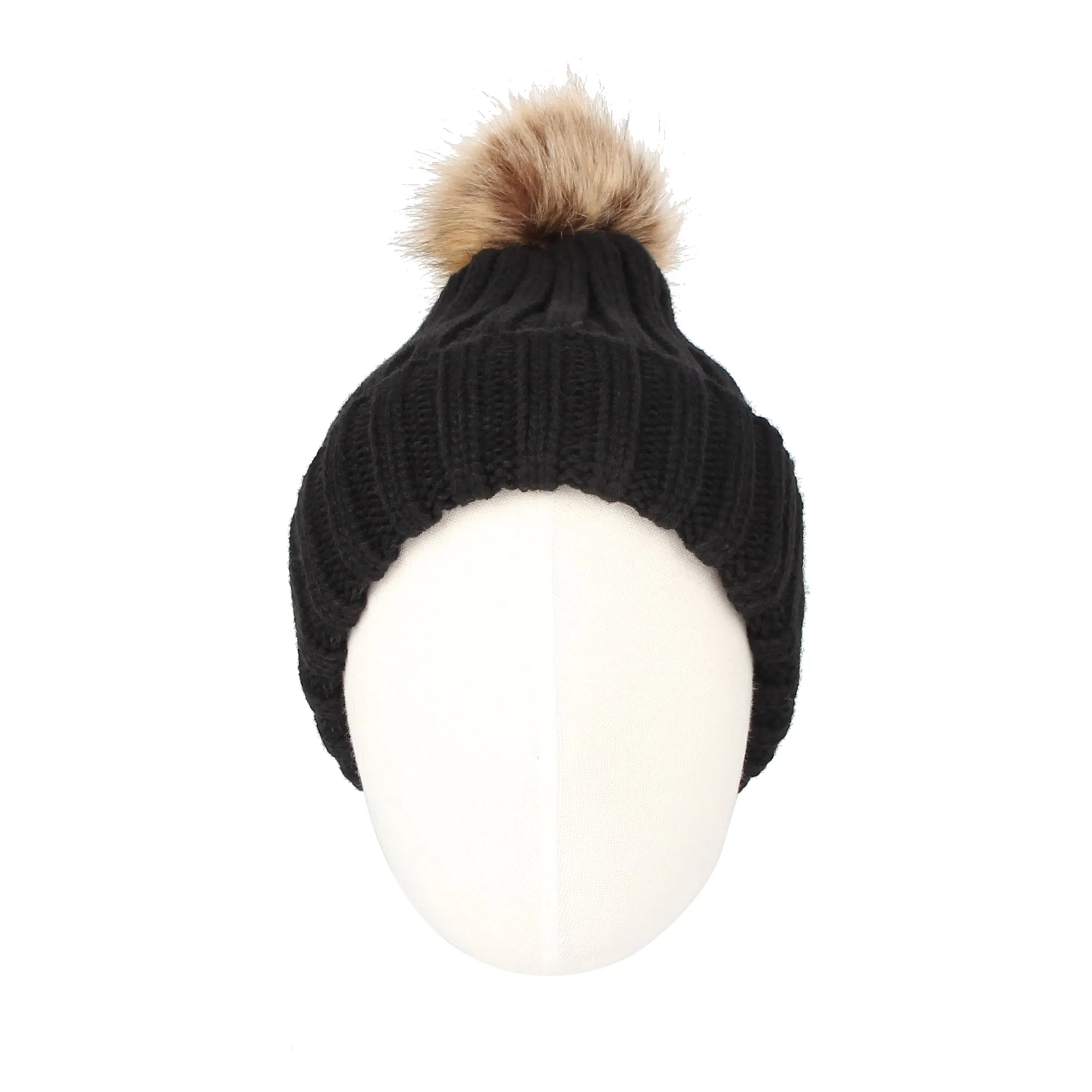 Trendy Ribbed Knitted Fur Pom Pom Beanie Hat Slouchy CR5146