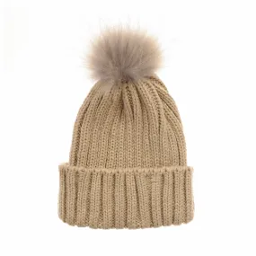 Trendy Ribbed Knitted Fur Pom Pom Beanie Hat Slouchy CR5146