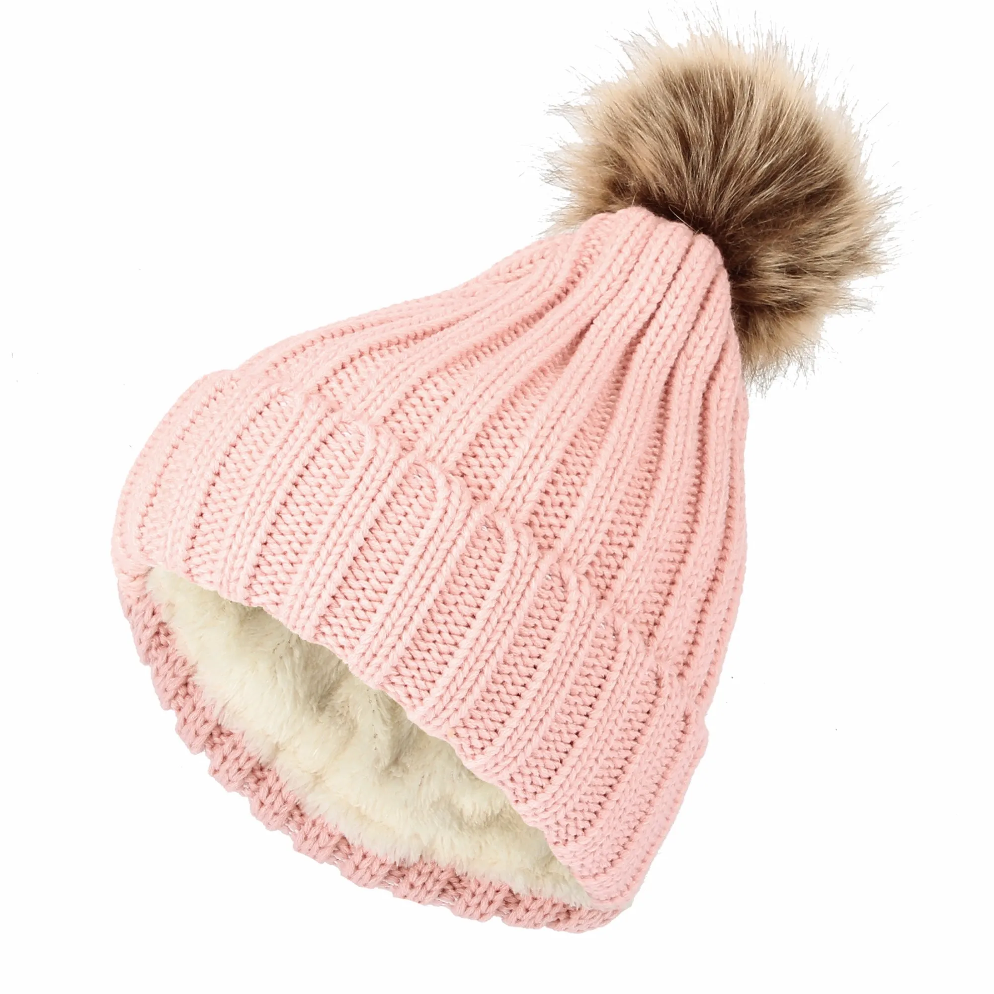 Trendy Ribbed Knitted Fur Pom Pom Beanie Hat Slouchy CR5146