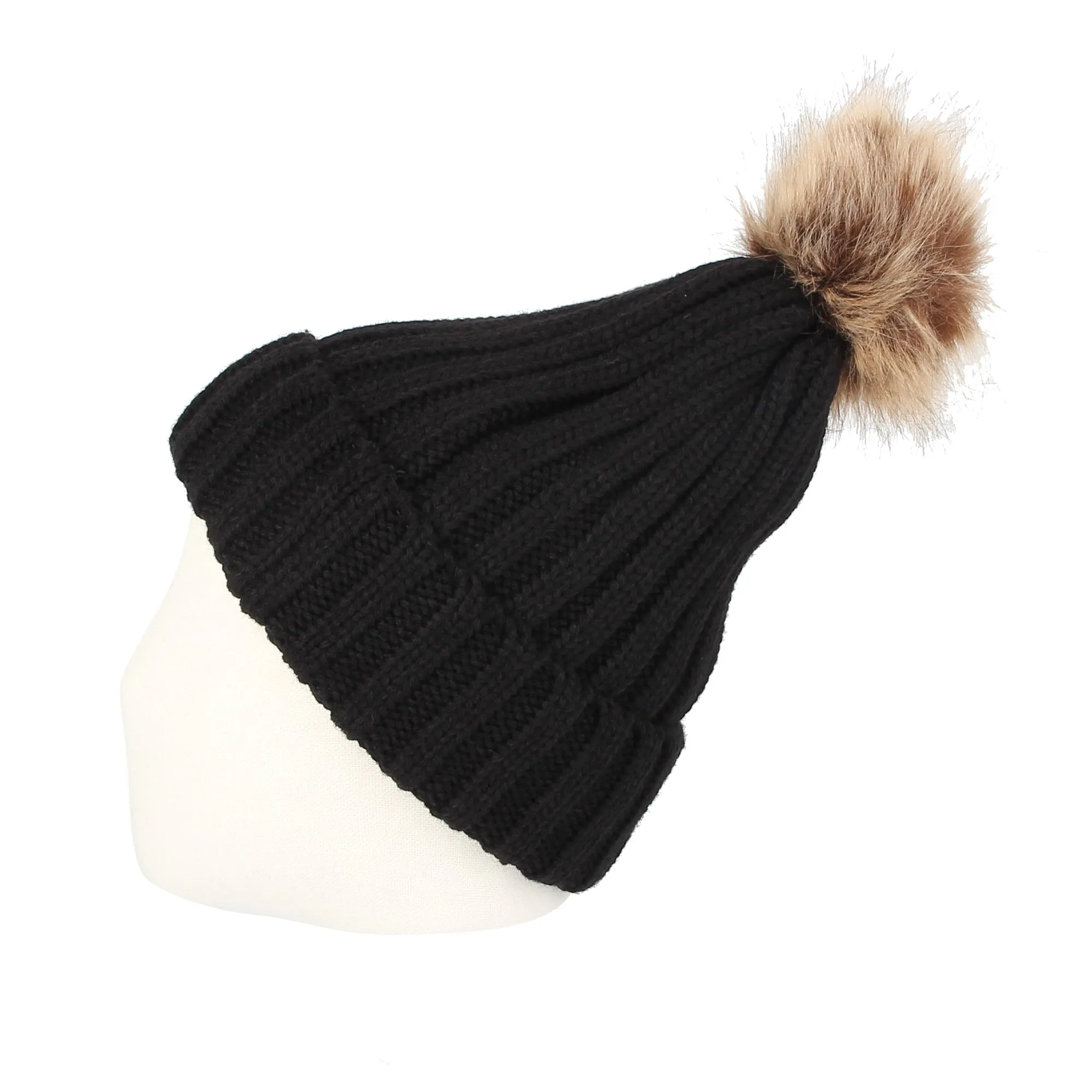 Trendy Ribbed Knitted Fur Pom Pom Beanie Hat Slouchy CR5146