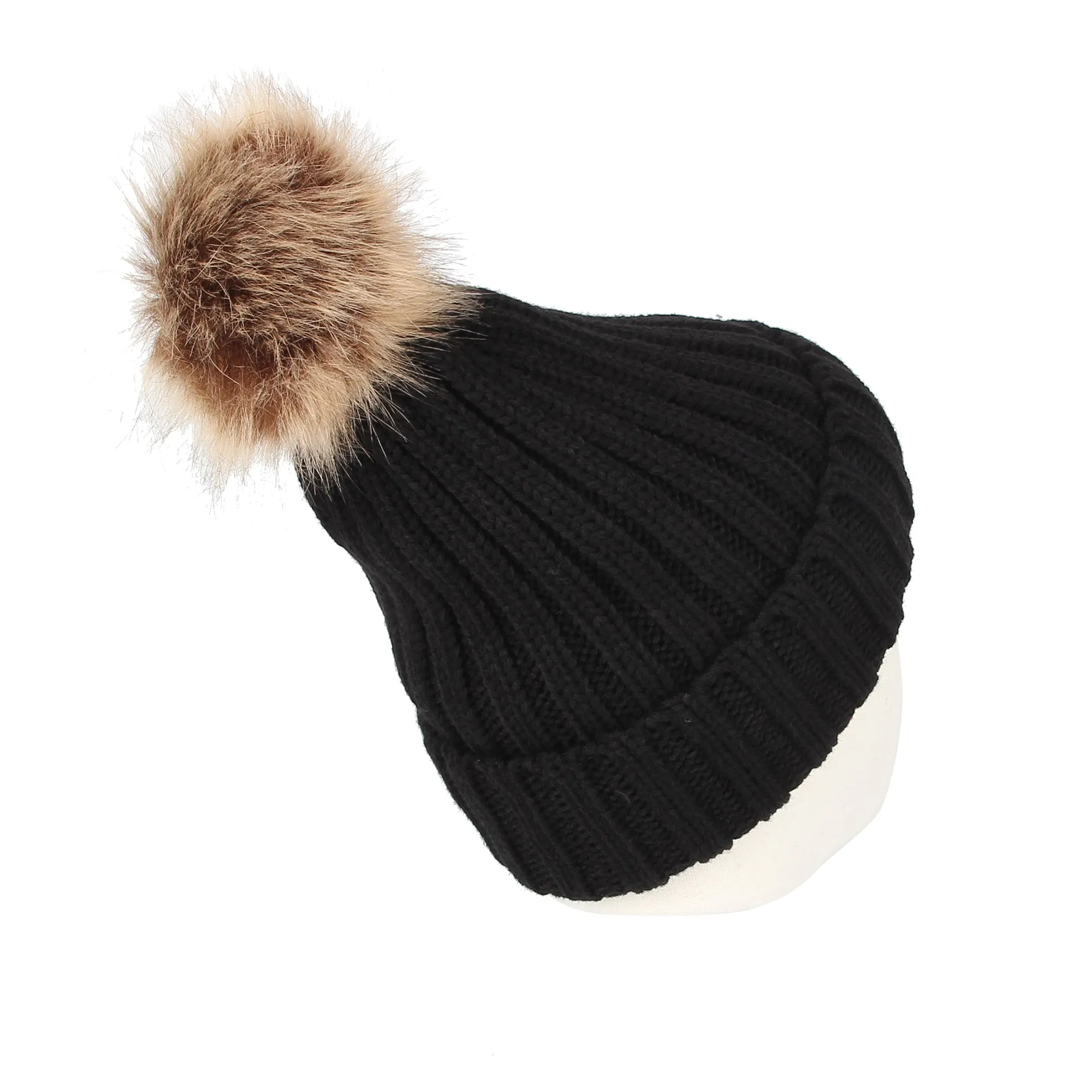 Trendy Ribbed Knitted Fur Pom Pom Beanie Hat Slouchy CR5146