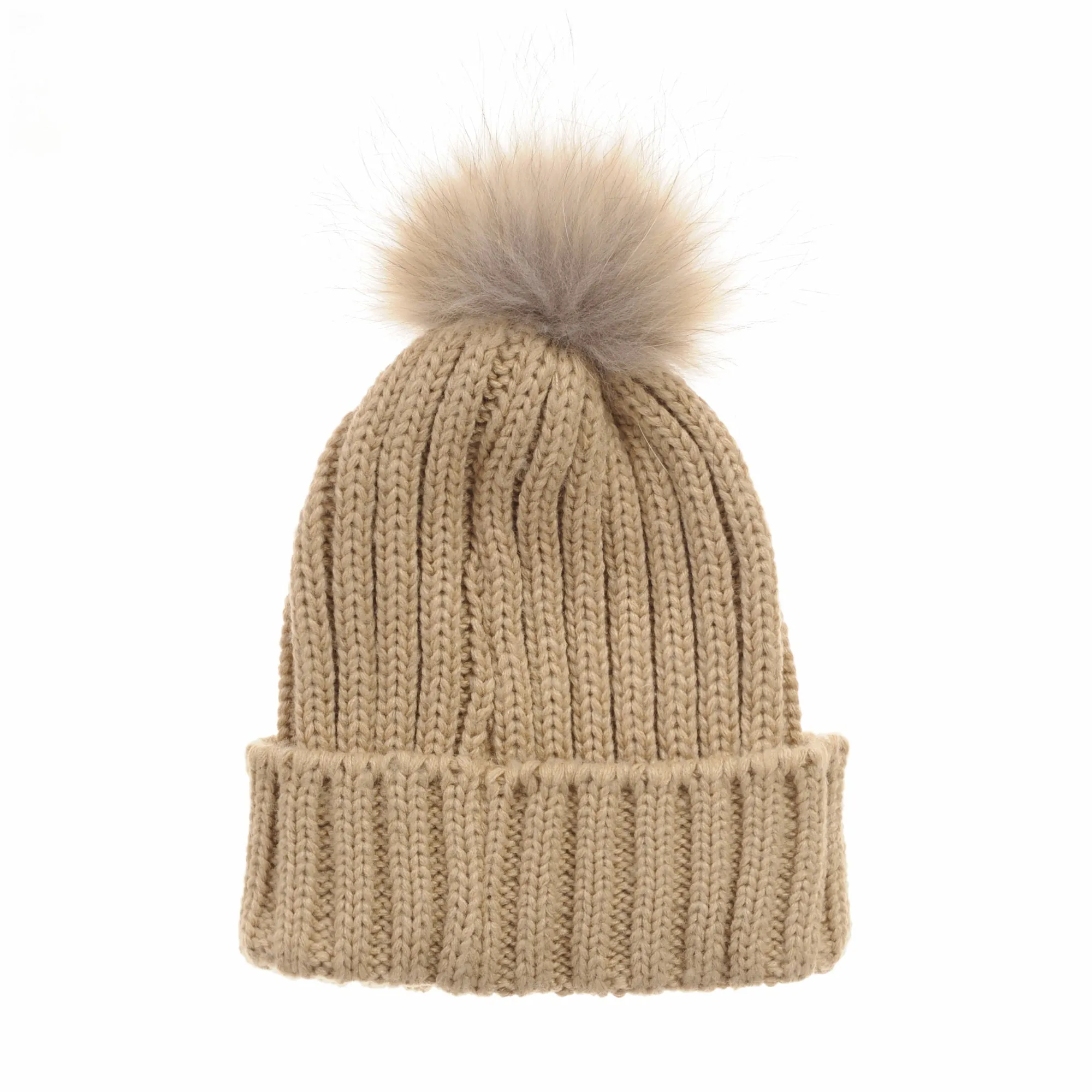 Trendy Ribbed Knitted Fur Pom Pom Beanie Hat Slouchy CR5146