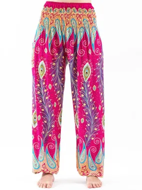 Unisex Peacock Paisley Harem Pants in Pink